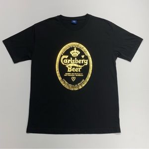 Carlsberg Beer Logo Black & Gold Graphic Print Monogram T-Shirt Sz L